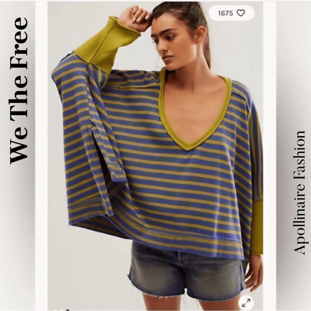 WE THE FREE MAIN SQUEEZE V NECK SWEATSHIRT IN BLUE GREEN MEDIUM NEW